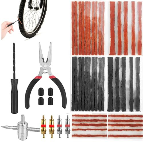 Nasinsta 52 Pcs Tubeless Bike Tire Repair Tool Kit, Bike Tire Punctures with 40PCS Bacon Strips Plus Insertion Tool Tire Repair Fork Reamer,Flat Tire Plug Puncture Repair Strings for MTB