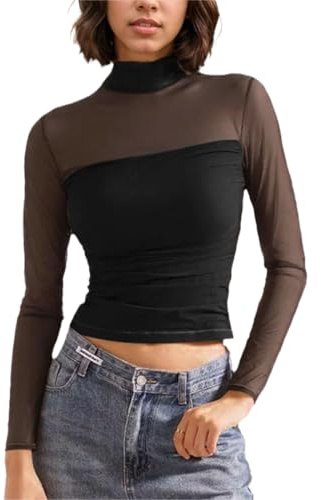 Bcenoilua Mesh T-shirt Kvinnor Sexig Transparent Skjorta Mesh Toppar Långärmad Polokrage Tunna Toppar Nättröjor Clubwear Casual Tulle T-Shirt Svart/Brun, Svart S, S
