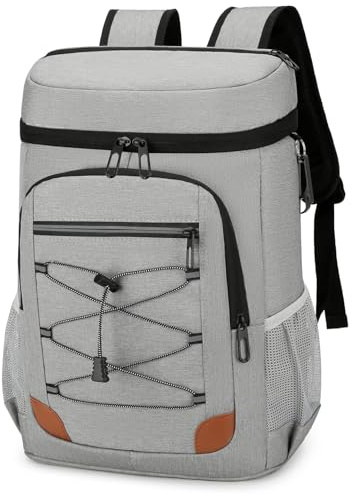 Outplea 25L Soft Cooler Backpack with Bottle Opener, 24-Can Large Insulated Picnic Bag, Leakproof Thermal Rucksack for Camping Beach BBQ Lunch, Grey