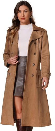 Allegra K Trench Coat Femme en Faux Suède à Revers Cranté Blouson Long à Double Boutonnage avec Ceinture Manteau Faux Cuir à Manches Longues Marron S