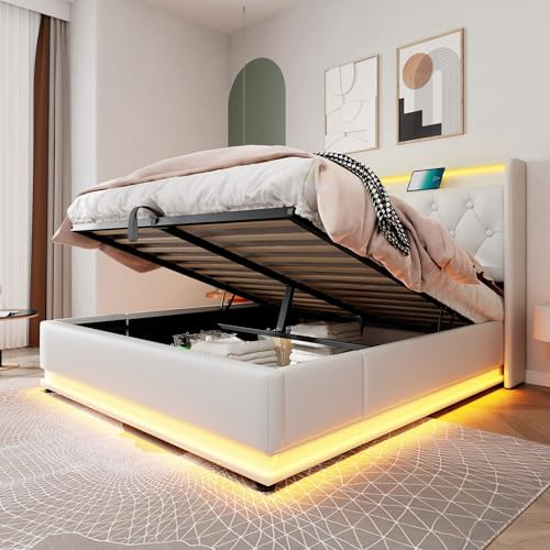 Merax Upholstered King Size Bed, Ottoman Storage Bed Frame With Hydraulic Lever, 360 Surround Led Function, Charging Function, PU Fabric, White/150 x 200cm(No Mattress)