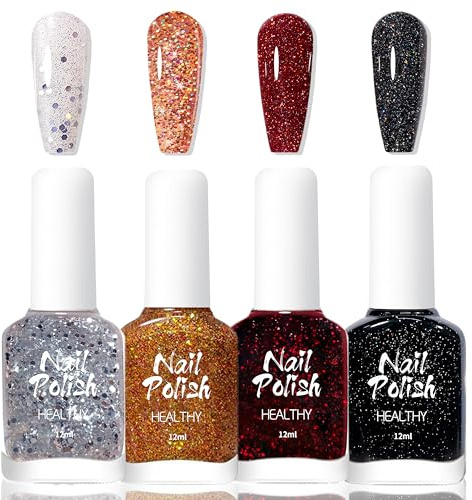 4PCS Glitzer Nagellack Set - Ungiftiger Nagellack Auf Wasserbasis für Mädchen, Shimmer Schnelltrocknender Nail Polish für DIY Nageldesign Maniküre zu Haus, Roter Gold Silber Glitzer (Schwarz)
