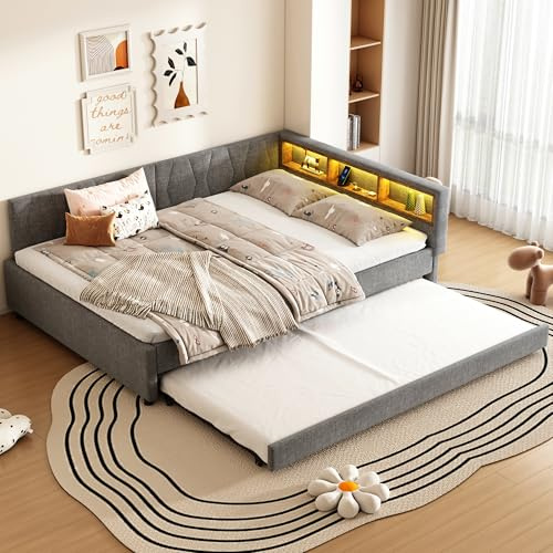 RIAZOS Polsterbett Schlafsofa 140x200, Doppelbett mit Ausziehbett, Daybett mit LED Staufach, Tagesbett mit USB Typ C Ladefunktion, Jugendbett Kinderbett Gästebett, Leinen, ohne Matratze, Grau