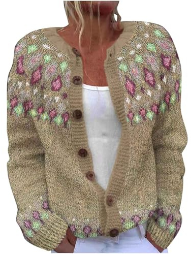 TURWXGSO Cardigans for Women UK Retro Ethnic Print Jumper Warm Casual Ladies Knitted Crew Neck Front Button Up Aran Cardigan Long Sleeve Lightweight Sweater Jackets Knitwear