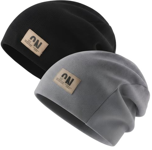 Alyxen mössa dam, lätt beanie mössa herr, bomull mjuk bekväm tunn mössa, unisex slouch beanie lång mössa för alla årstider, klassisk modern mössa mössa, svart + grå