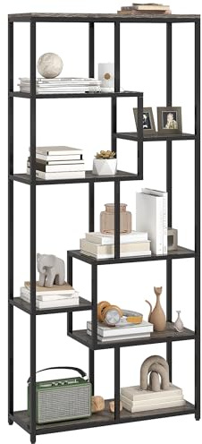 HOMCOM 7-Tier Bookshelf, Geometric Bookcase, Industrial Floor Standing Book Shelf, Open Display Shelving Unit for Living Room, Home Office and Bedroom, Grey and Black