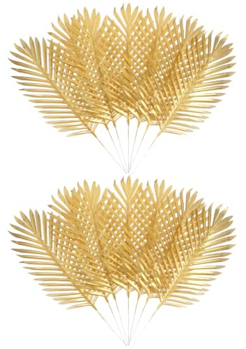 SHINEOFI Feuilles Artificielles de Palmier Licuala Lot de 10 Set de Branches Dorées Décorations Soi-Même pour Mariage Fête et Décoration Intérieure Feuilles Réalistes Résistantes Tige