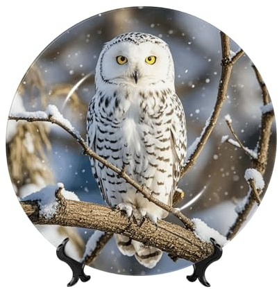 PAQOLSMCKR Bone China Decorative Plate Winter White Owl Ceramic Dinner Plates Winter White Owl Decorative Plates Stand Ceramic Ornament Art Crafts Porcelain Plate for Living Room Kitchen Table Home
