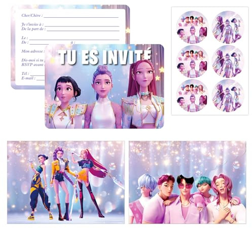 DaengGeGe Français Cartes d'invitation d'anniversaire - Lot de 12 cartes d'invitation d'anniversaire pour enfants - Motifs amusants et colorés avec enveloppes et autocollants（e
