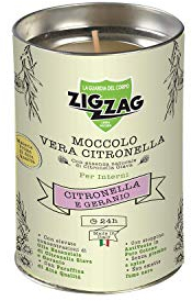 Zig Zag, Candela all'Olio Essenziale di Citronella e Geranio, Moccolo per Interni, made in Italy, stoppino a base di fibra naturale, durata 24 Ore