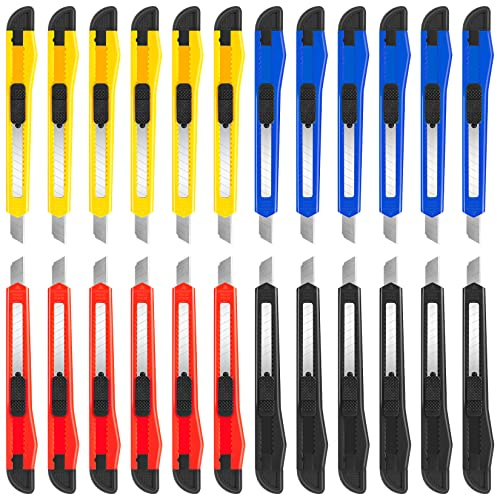 DIYSELF 24Pack Box Cutters (9MM Wide Blade Cutter) Utility Knife Box Cutter Retractable, Compact, Extended Use for Heavy Duty Office, Home, Arts Crafts, Hobby(Mix)