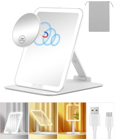 Gospire Travel Makeup Mirror with Lights and Magnification 10X, Portable Make Up Compact Tabletop Mirror with Adjustable Stand, 3 Colored Lights Rechargeable Lighted LED Vanity Mirror - White