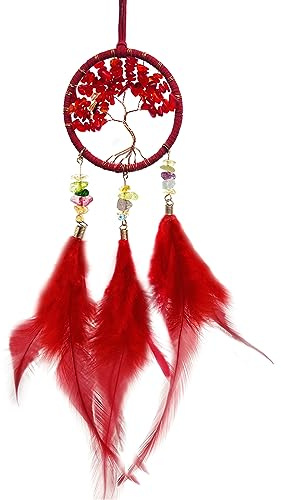 Malicosmile Red Mini Dream Catcher for Car, Handmade Tree of Life with Feathers Small Dreamcatcher Wall Hanging Ornament Bedroom Room Decor Festival Gift