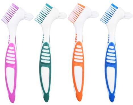 4 Piezas Cepillos de Limpieza de Dientes, Cepillo Dentadura Postiza, Cepillo para Dientes Postizos, Cepillos de Prótesis Portátiles de Doble Punta para Limpiar Dentaduras Postizas