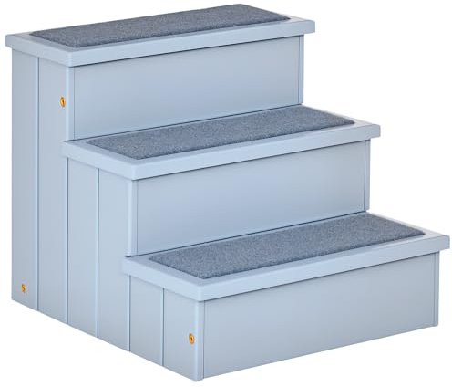 PawHut Escalera para Mascotas de Madera Escalera para Perros con 3 Peldaños Espacio de Almacenaje y Alfombra Antideslizantes Carga 30 kg 40,5x44,5x38 cm Gris