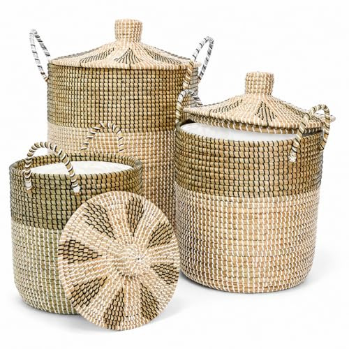 Pack 3 Cestas para Ropa Sucia y Almacenamiento, Cesta Tejida de Hierba Marina Artesanal Vietnam (76L/43L/26L) con Asas, Tapa y Forro Desmontable Lavable, Multiusos Salón Dormitorio Cocina Baño