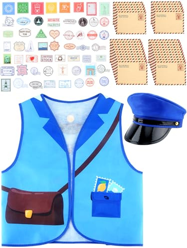Costume de facteur pour enfants comprenant un gilet de facteur et un chapeau avec 30 enveloppes, 50 autocollants timbres, tenue de porte-courrier pour enfants, fête d'Halloween, cosplay
