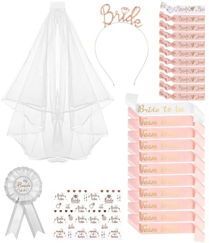 Jissta 27PCS Bride to Be och Team Bride sash dekoration, kvinnor möhippa set med slöja, tiara, sash, armband, märke och tatueringar, Jga sash tillbehör