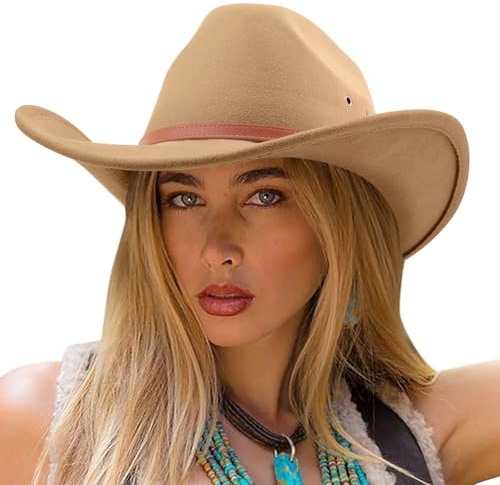 DRESHOW Cowboy Hat for Women and Men Classic Western Felt Cowboy Cowgirl Hat Outdoor Wide Brim Belt Buckle Retro Fedora Hats Unisex Rolled up Caps