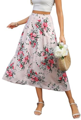 Zeagoo Damkjol, lång sommarkjol med fickor, elastisk hög midja, maxikjol, elegant, lång trappkjol, S–XXL, Rosa blommor, XL
