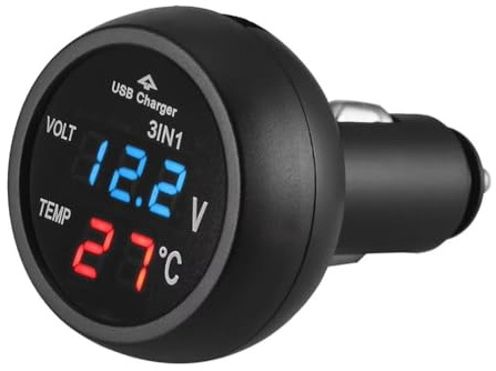 MiJunHD Voltmetro 3 in 1, caricatore USB e termometro e misuratore di tensione della batteria per auto, pannello di visualizzazione digitale LCD per 12 V, 24 V, autobus, camion, accendisigari (luce