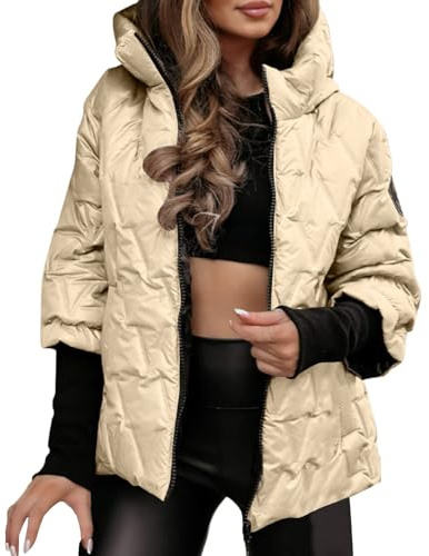 Manteau Femme Hiver Veste Matelassée Chaude Doudoune à Capuche Courte Blouson Zippé Manteaux de Couleur Unie Jacket à Manches Longues Anorak avec Poches