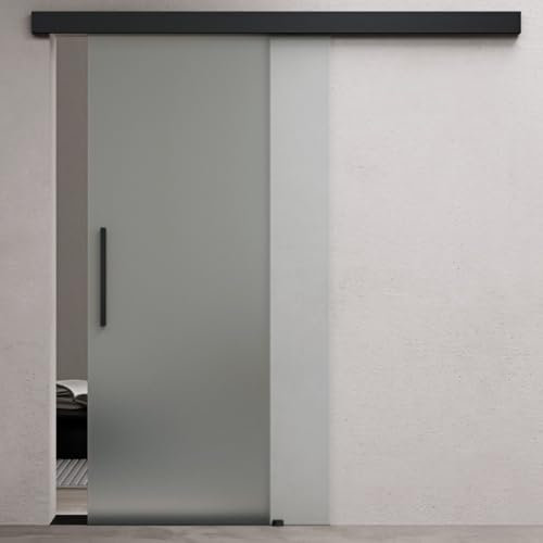 Durovin 775 * 2050mm Internal Sliding Glass Door - Fully Frosted - Black Bar Handle & Rail - with Track 5ft for Bathrooms Kitchens Living Room Bedroom