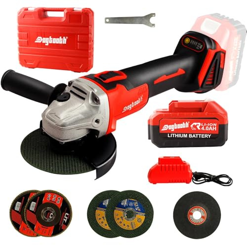 DOGTOOTH Brushless Cordless Angle Grinder - 21V Electric Grinder Tool with 4.0 Ah Batteries & Fast Charger, 4 Cutting & Grinding Discs for Cutting Metal, Wood – Power Grinder for DIY & Home Use