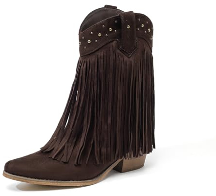 Amoji Womens Western Cowboy Boots Cowgirl Tassels 70S Hippie Fringe Boots Mid Calf Boots Pull On FZD307LS Brown Size 8