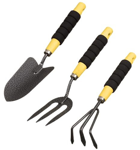 Juego de 3 herramientas manuales de acero al carbono, juego de herramientas de jardín, paleta y tenedor de trasplante, kit de jardinería pequeño para el cuidado de plantas de jardín de flores pequeñas