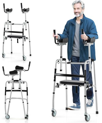 Goplus Folding Walker, 450 Lbs Foldable Standard Walker with 5'' Wheels, Seat and Removable Armrests, Lightweight Walking Mobility Aid, Aluminum Platform Walkers for Seniors, Handicap, Disabled