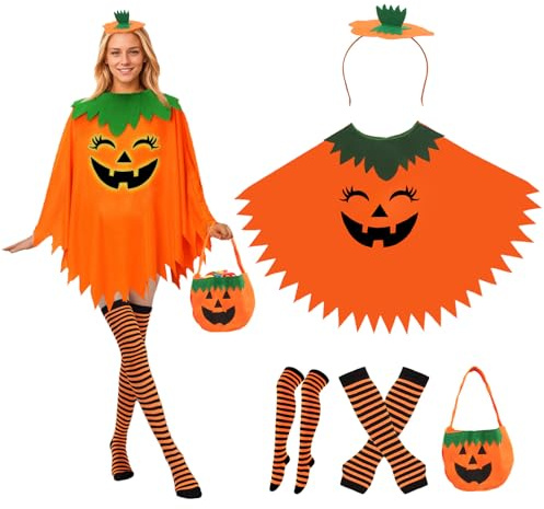 Disfraz de calabaza de Halloween para mujeres, atuendo de calabaza con sombrero, bolsa de trucos o tratamiento, medias rayadas, guantes, divertido atuendo de cosplay, trajes naranjas para adultos y