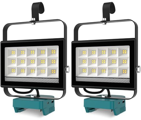 Lot de 2 Projecteur LED Rechargeable pour Makita 18V Batterie,60W 4500LM Projecteur LED Chantier Portable, Lampe LED avec Charge Type C & USB pour Camping, Chantier, Garage, Atelier(Sans Batterie)