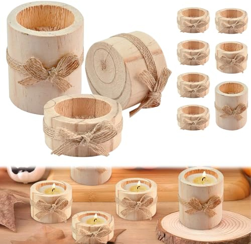 Chandeliers en bois - Lot de 10 supports de bougies chauffe-plat en 3 tailles pour pièce maîtresse de table à manger, chandeliers en bois pour le salon, la salle de bain, cadeaux de fête