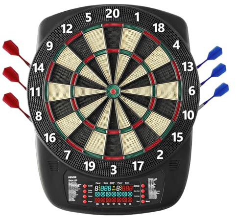VEVOR Bersaglio Elettronico per Freccette, Bersaglio 336 mm con 43 Giochi e 200 Varianti per un Massimo di 8 Giocatori, 6 Aste per Freccette con Alette e 50 Punte Morbide, Schermo LED a Colori