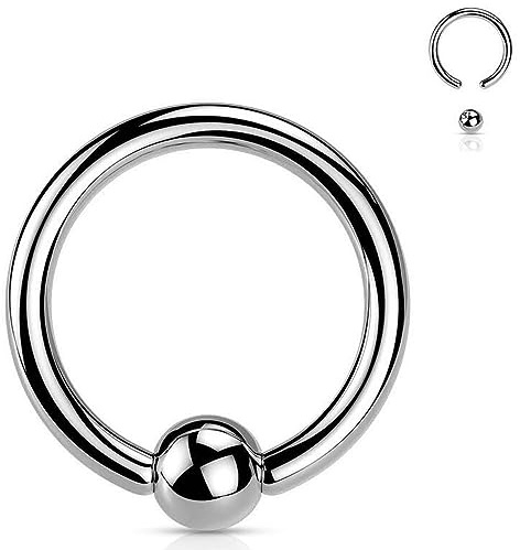Jewel Barrel Piercing ad anello con chiusura a sfera, in acciaio chirurgico 16G (1,2 mm), per naso, setto, cartilagine, trago, sopracciglio e labbro, misure 6/8/10/12 mm, con sfera, 12mm, acciaio