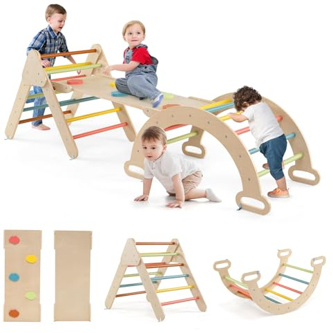 GYMAX 4 in 1 Set Arrampicata per Bambini con Scivolo,Triangolo di Arrampicata di Gioco in Legno, Giocattoli da Arco di Arrampicata, per Bambini 1 Anno+ (MACARON)