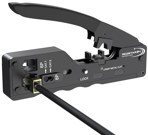 RedStar24 Pince à sertir universelle RJ45 - Outil de sertissage pour RJ45 Cat7/Cat6A/Cat6/Cat5e, RJ11 & RJ12 - Pince à sertir modulaire pour câbles LAN 6/8 broches et câble téléphonique - Pince à