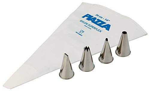 PIAZZA Set per Dolci - Sac a Poche Professionale 34 cm + 4 Beccucci in Acciaio Inox da 10mm - Per Realizzare Decorazioni su Dolci, Torte e Pasticcini, Sacca Riutilizzabile in Resistente Nylon