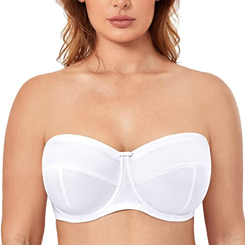 Delimira Women's Strapless Bras Underwire Non Padded Support Multiway Bandeau Bra for Bigger Bust White 34F