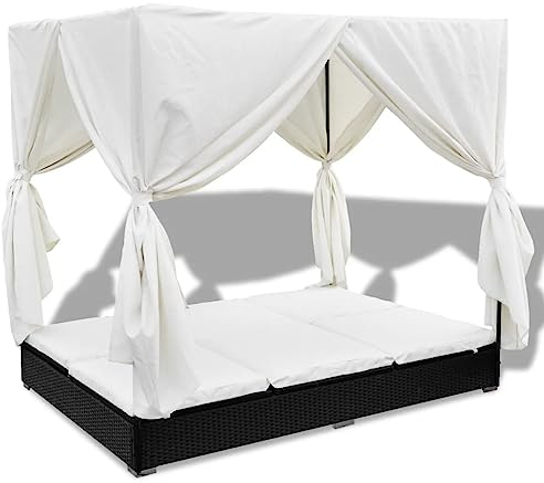 vidaXL Sonnenliege Vorhänge Poly Rattan Doppelliege Gartenliege Liegestuhl