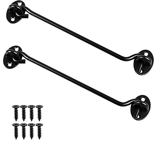 2Pack 10 inch Hook and Eye Latch, Stainless Steel Shed Lock Cabin Hooks Outside Metal Door Look Gate Latches with Mounting Screws for Door Gate Window Closet Silent Brace Black