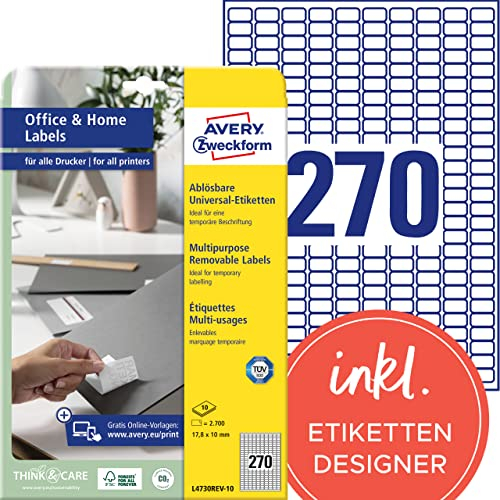 AVERY Zweckform L4730REV-10 Universal Etiketten (2.700 Klebeetiketten, 17,8x10mm auf A4, wieder rückstandsfrei ablösbar/abziehbar, individuell bedruckbare, selbstklebende Aufkleber) 10 Blatt, weiß