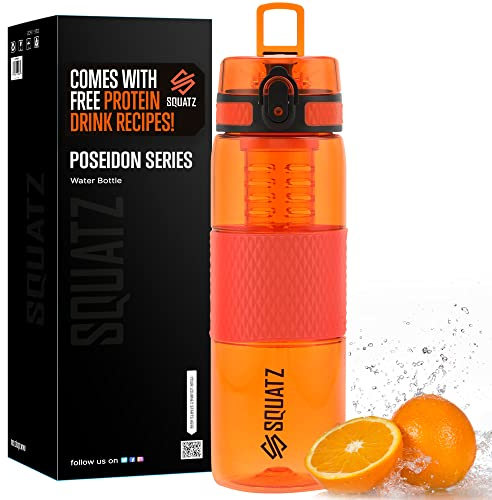 SQUATZ 24 Oz Poseidon Series Sports Water Bottle - Premium Quality Wide Mouth Gym Juice Protein Flask with Fruit Infuser Strainer, Carrying Strap, Leak Resistance, and Zero Condensation