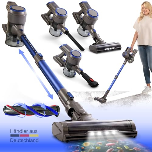maxVitalis Akku Staubsauger beutellos, Staubsauger Kabellos, 150W Handstaubsauger mit Touchscreen und Wandhalterung, 1L Stielstaubsauger mit Fugendüse und Sofabürste, für Tierhaare Teppich Hartböden