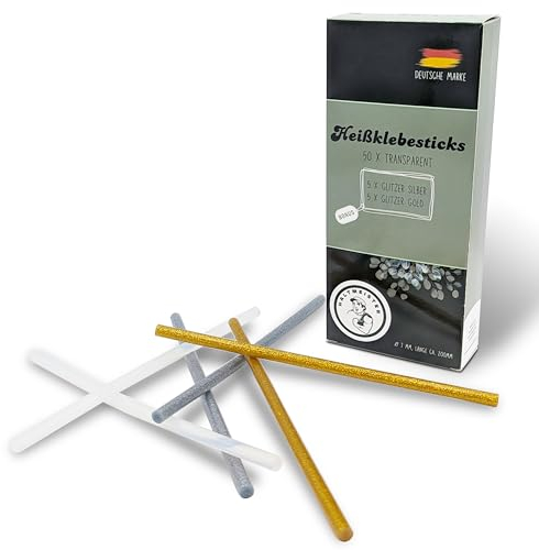 HALTMEISTER Heißklebesticks | 60 Stück Heißklebepistole-Sticks Ø7mm | Heißkleber Transparent, Gold & Silber Heißklebepistole-Klebesticks & E-Book | Heißklebestifte für alle gängigen Heißklebepistolen