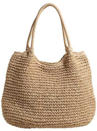 RuiDay Borsa a Mano in Paglia, Borsa Donna Semplice di Grande, Borsa Donna Tracolla da Spiaggia in Stile Bohémien Estivo, Tracolla Borsa Donna, Borsetta Donna di Vacanza Casual (Beige)