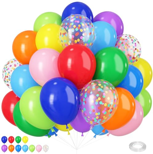 Colorful Balloons Rainbow Assorted Colors Balloons Set 12Inch Red Blue Yellow Green Pink Purple Orange Latex Party Balloon with Multicolor Confetti Balloon for Birthday Carnival Party Decorations