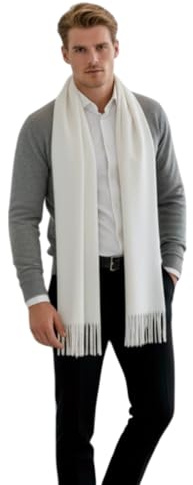 LA Ferani Écharpe en cachemire pour homme automne hiver fine 185x65 écharpe en cachemire style décontracté écharpe en laine couleur unie écharpe pour homme, Blanc., Einheitsgröße