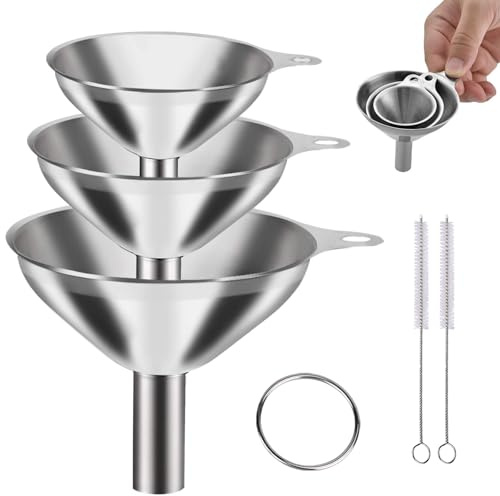 Set 3 imbuti in acciaio inossidabile - Con spazzole di pulizia, impilabili, ideali per liquidi e polveri (7.5/5.5/4.5 cm)
